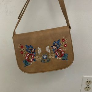 Brown floral embroidery shoulder bag